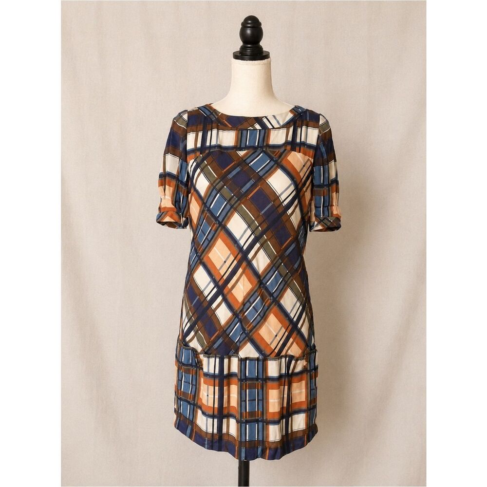 Anthropologie McGinn Plaid Shift Dress Size M Multicolor Short Sleeve FALL